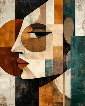 Fototapeta Geometric abstract female profile in earthy brown, beige, teal, and black tones. Bold, textured composition with a modern artistic style. AI generative.