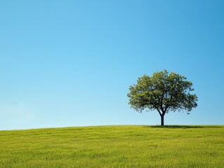 Fototapeta premium A solitary tree on a green hill under a clear blue sky, symbolizing nature's beauty.