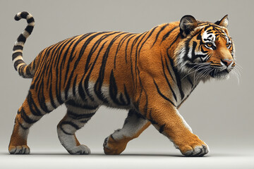 Obraz premium Majestic Tiger Walking Gracefully Across Plain Background