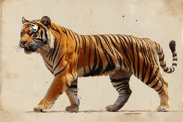 Obraz premium Majestic Bengal Tiger Walking Gracefully Across Sandy Terrain