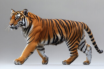 Majestic Tiger Walking Gracefully Across Neutral Background