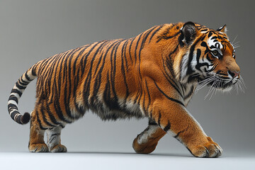 Fototapeta premium Majestic Tiger Walking Gracefully Across Gray Background