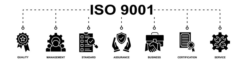 ISO 9001 banner web icon vector illustration concept for management, quality, standard, assurance, business, certification, service
