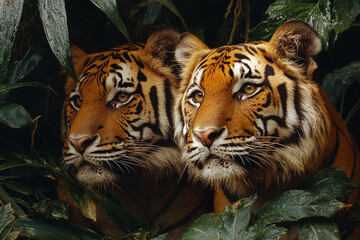 Fototapeta premium Two Majestic Tigers Hidden Amongst Lush Green Foliage