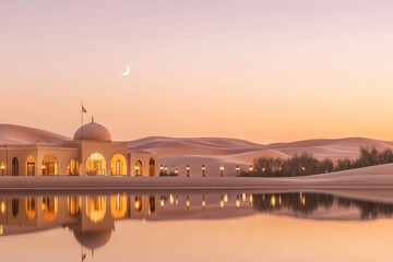 Obraz premium Starlit Serenity Over a Desert Oasis With a Crescent Moon and Glowing Lanterns Along the Shore at Night