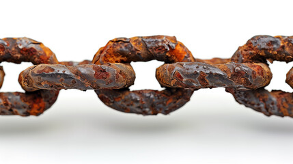Close-up of a rusty steel chain with bent links and visible signs of corrosion and deterioration