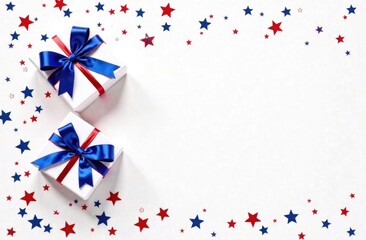 Obraz premium Top view of gifts packaged in white, blue and red flowers on a white background with colored stars with space for an inscription.