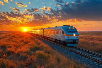 Fototapeta premium Sunset Train Journey Across Golden Grasslands