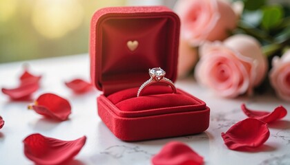Close-up Of Diamond Engagement Ring In Red Box With Pink Roses On The Side