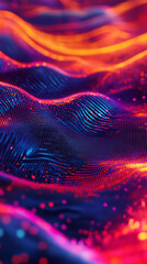 Digital particles swirling dynamically, generating luminous cybernetic wave pattern with blurred background glowing softly