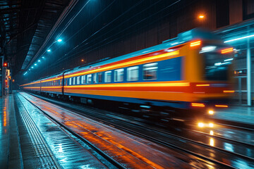Fototapeta premium Night Train Speeding Through Rainy Station Platform