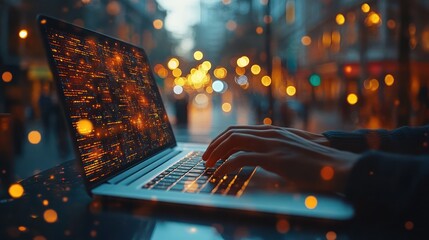 Night City Coder:  A programmer works on their laptop in the glow of city lights, data streams illuminate the screen.