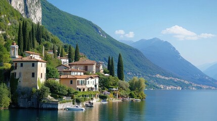 Fototapeta premium Picturesque Italian Village on Lake Shore with Mountains in Background