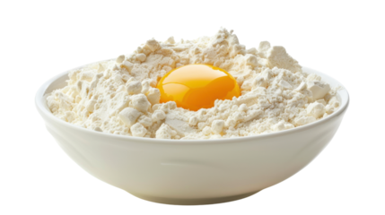 Bowl with flour and egg on top on transparent background