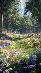A vibrant meadow filled with colorful wildflowers and trees.