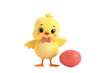 A cartoon-style chick wearing a dusty pink bow tie and standing beside a true red egg.
