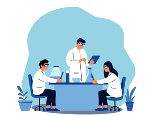 Illustration of a team of scientists conducting experiments in a lab, representing research, teamwork, innovation, and scientific discovery
