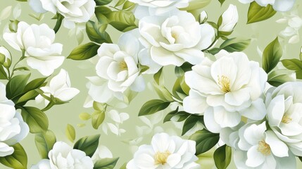 Gardenia Elegance, intricate white gardenias on a soft green backdrop, perfect for textiles and wallpaper designs, seamless and harmonious