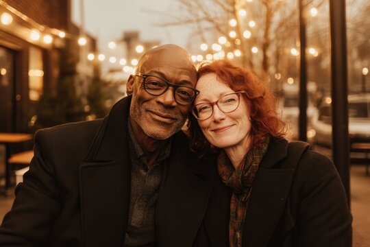 Middle-aged Couple Smiling Together on a Cozy Patio During Twilight With Warm Lights in the Background - Powered by Adobe