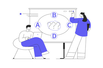 Strategic planning concept. Man and woman analyze business processes, create new solutions and innovations. A B C. Flat Cartoon Vector Illustration, icon. Stylish abstract 