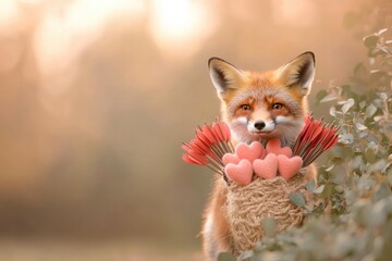 Naklejka premium Playful Fox Dressed as Cupid Peeking out From Bush With Heart-Tipped Arrows During a Serene Home Garden Setting