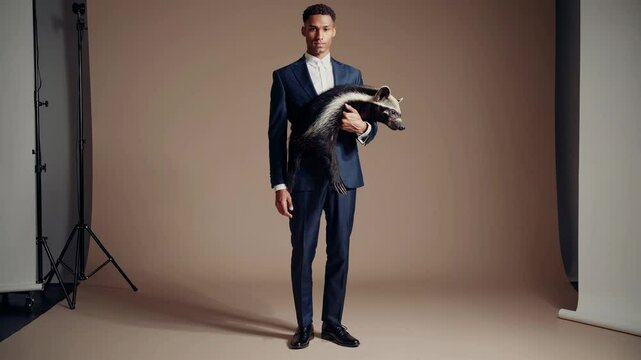 Businessman in a blue suit posing confidently in a photo studio while holding a taxidermied zorilla, creating a striking and unconventional juxtaposition against a beige backdrop