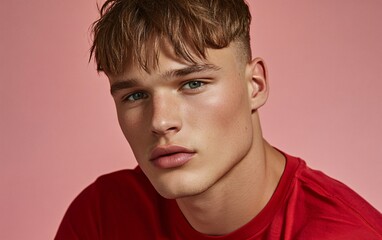 Fototapeta premium Studio Portrait Young Man Red Shirt Pink Background