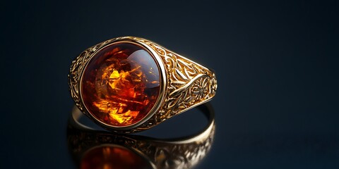 a gold ring with a large amber stone