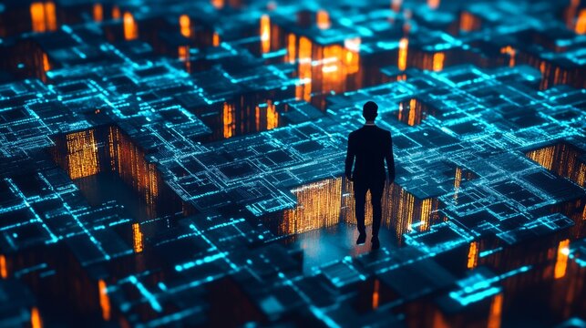 A tech-savvy individual navigating a digital maze of information, Information overload theme, Digital style