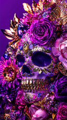 vibrant, decorative skull adorned with flowers and jewels, celebrating Day of Dead