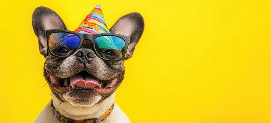 Happy, smiling, cute two dogs wearing party hats and colorful glasses against a yellow background, a banner for a birthday