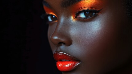 Fototapeta premium Vibrant makeup showcasing glossy lips and radiant eyes