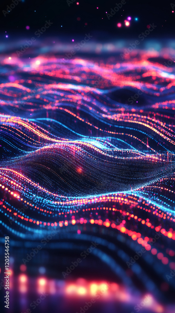Poster colorful digital wave particles flowing in virtual reality cyberspace representing futuristic techno