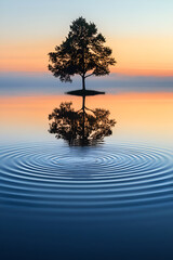 A lone tree reflected in calm water with circular ripples under a serene sunset sky