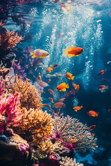 Naklejka premium Vivid coral reef with colorful fish swimming in sunlight-filtered water