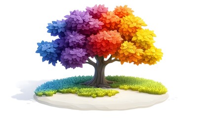 Rainbow tree digital art, vibrant foliage, white background, design element