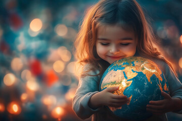 Naklejka premium a boy and girl hugging each other with a globe in their hands and a boke of lights in the background