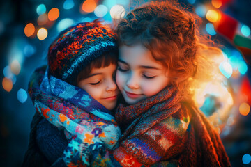 a little girl holding a globe in her hands and smiling at the camera with a blurry background of boke of lights