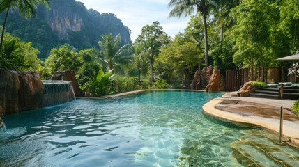 Tropical resort swimming pool with mountain backdrop offering serene vacation vibes