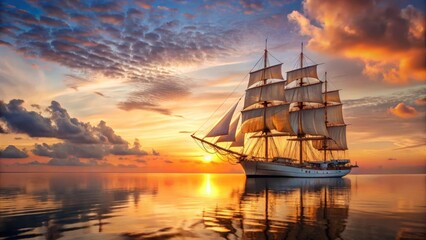 Majestic Tall Ship at Sunset, Sails Full, Calm Waters Reflecting Golden Hues