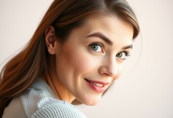 Naklejka premium Surprised female portrait with a warm and inviting gaze