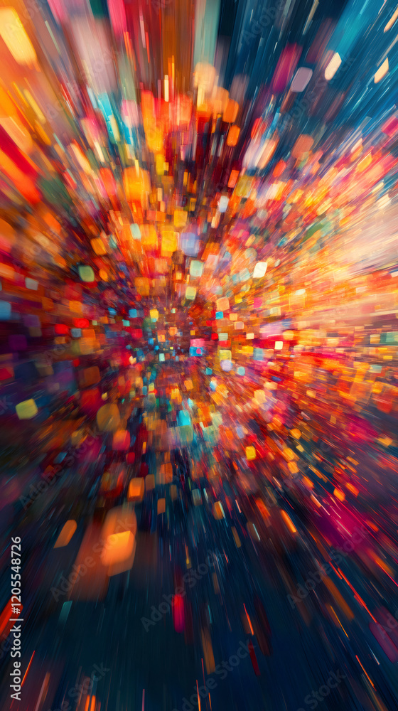 Poster Luminous light burst blending colorful geometric shapes, generating dynamic abstract motion blur background for innovative digital design