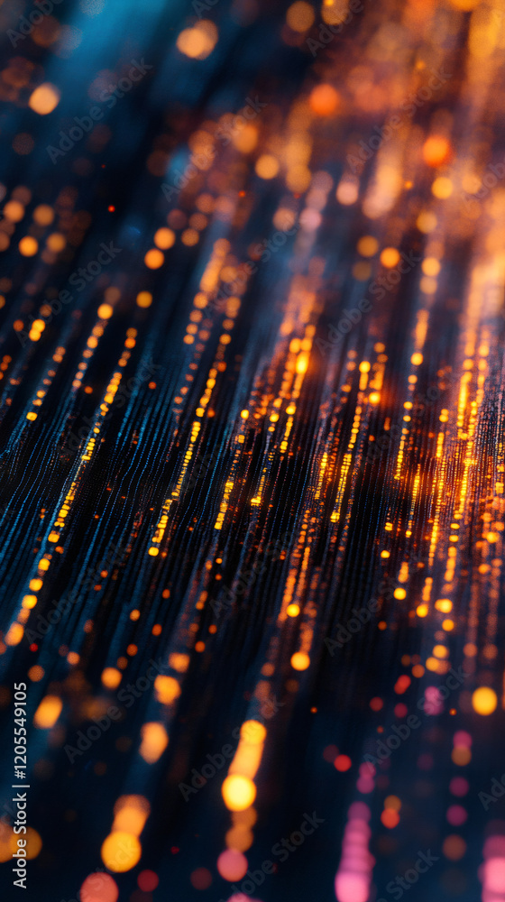 Poster Abstract background with golden particles flowing down on a dark background creating a beautiful bokeh effect