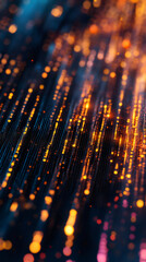 Abstract background with golden particles flowing down on a dark background creating a beautiful bokeh effect