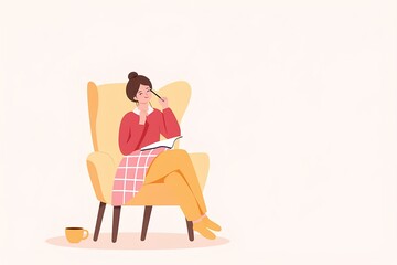  llustration A woman sitting in a comfy chair with a journal, brainstorming ideas, with a cozy blanket and a cup of tea beside her.