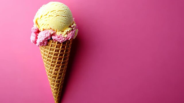 Colorful ice cream cone with raspberry swirls on a vibrant pink background