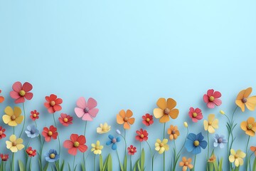 Vibrant Flowers in a Spring Meadow on a Light Blue Background