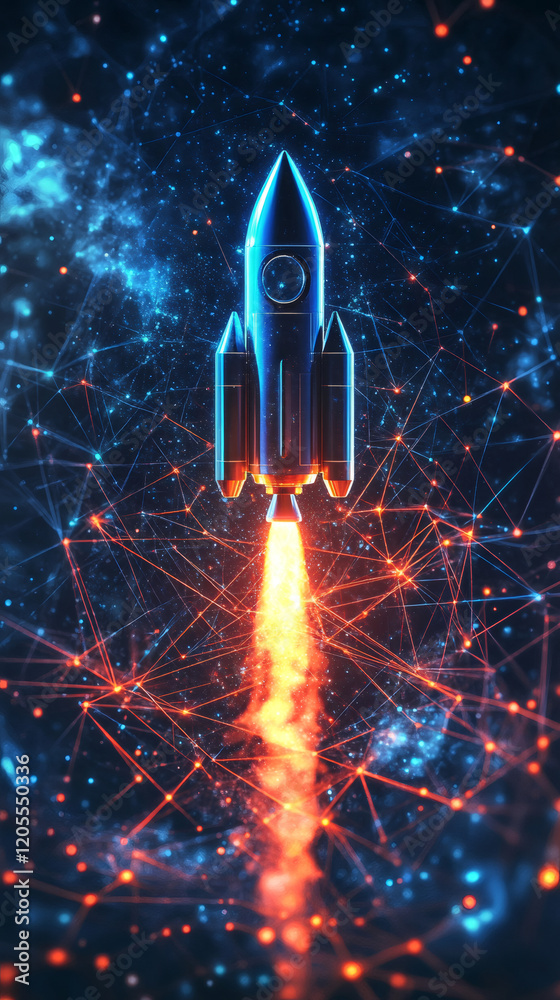 Aufkleber spaceship flying in digital world with network connection, representing innovation and technological