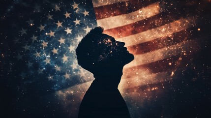 A double exposure of an American man's silhouette filled with the American flag and fireworks in space, cinematic, and hyper-realistic. - Generative AI
