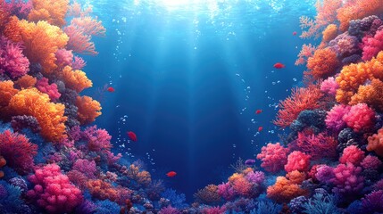 Naklejka premium Vibrant underwater scene showcasing colorful coral reefs with sunlight filtering through water